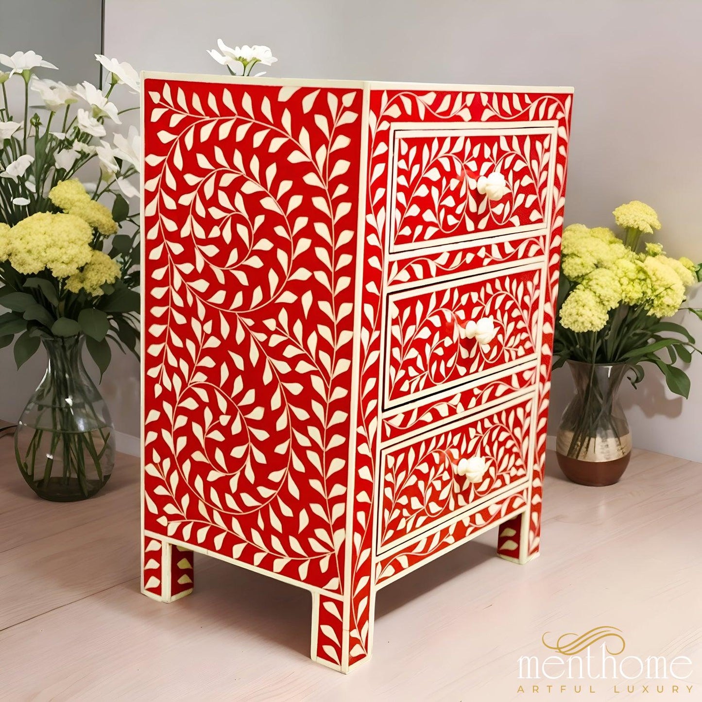 3 Drawer Resin Leaf Design Red and White Bedside Table | Luxury Handmade Bedside Table