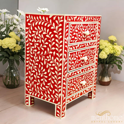 3 Drawer Resin Leaf Design Red and White Bedside Table | Luxury Handmade Bedside Table