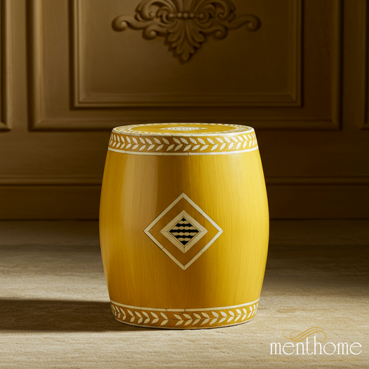 Yellow Wooden Decorative Stool with Inlay Design | Luxury Handmade Stool