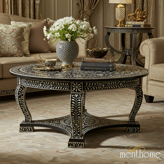 Black and White Floral Inlay Round Coffee Table | Luxury Handmade Coffee Table