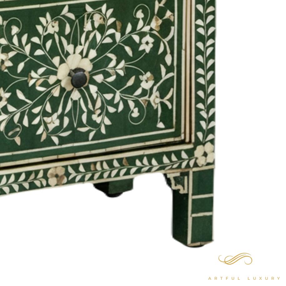 Floral Pattern Two Drawers Bedside Table In Green Color | Luxury Handmade Bedside Table