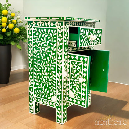 Resin Green  Floral Pattern One Drawer Bedside Table | Luxury Handmade Bedside Table
