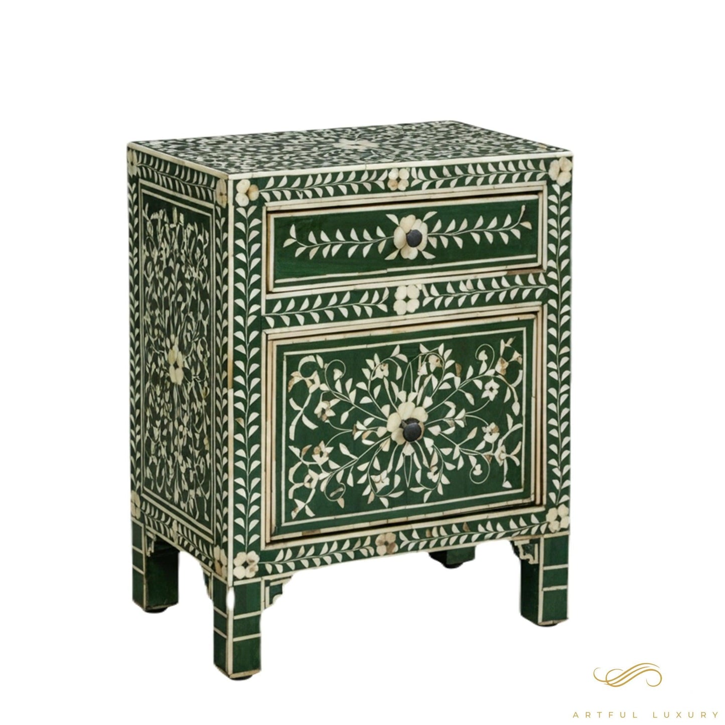 Floral Pattern Two Drawers Bedside Table In Green Color | Luxury Handmade Bedside Table