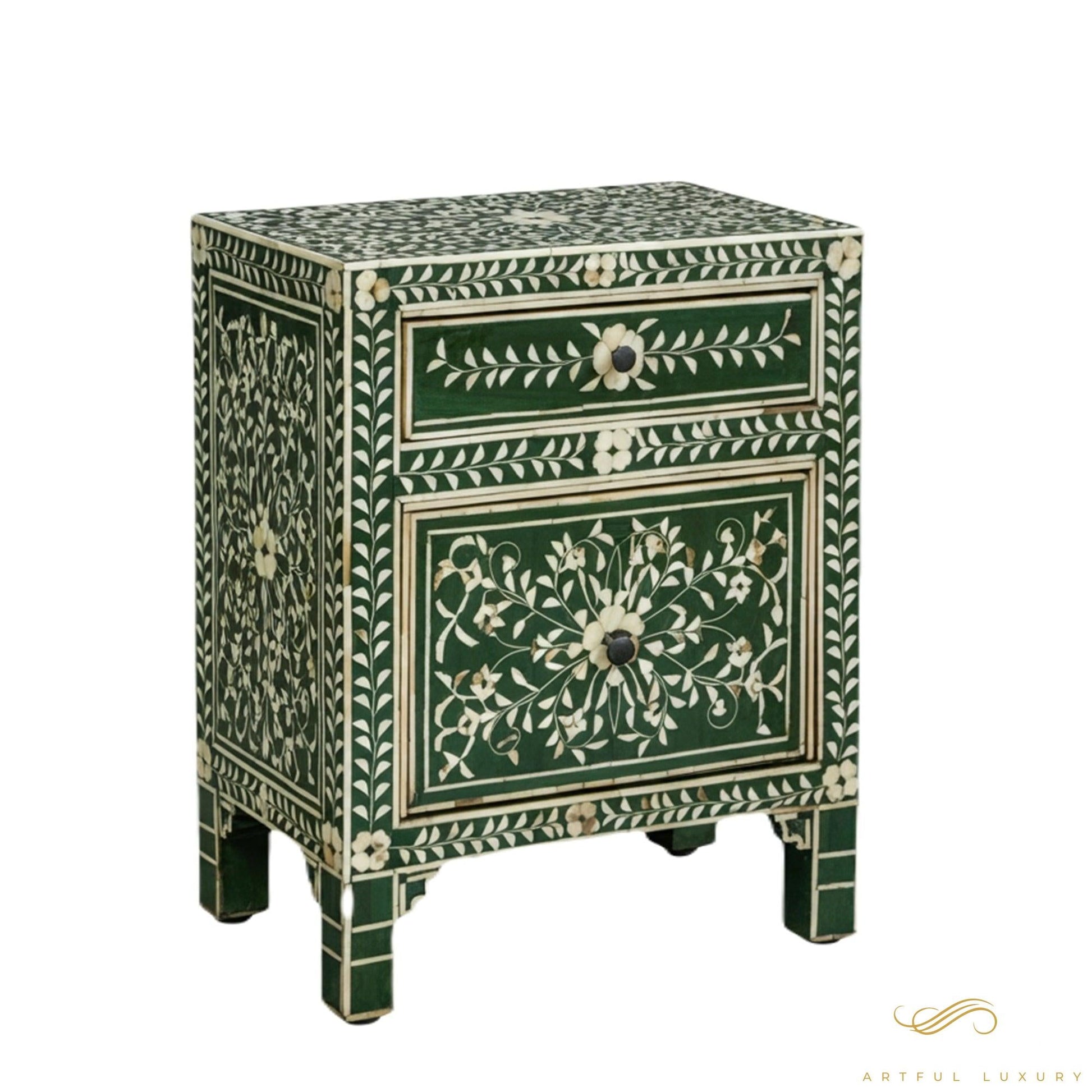 Floral Pattern Two Drawers Bedside Table In Green Color | Luxury Handmade Bedside Table