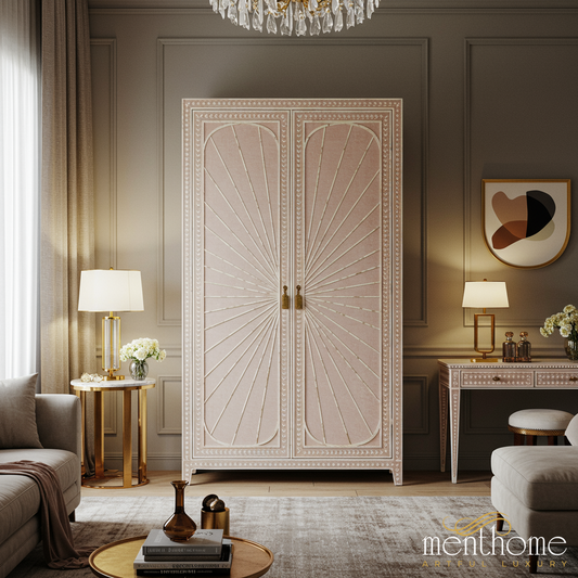Elegant Sunburst Pattern Wooden Wardrobe | Luxury Handmade Wardrobe