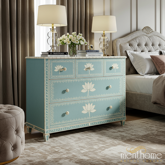 Blue Lotus Hand-Painted Wooden Chest of Drawers | Luxury Handmade Dresser