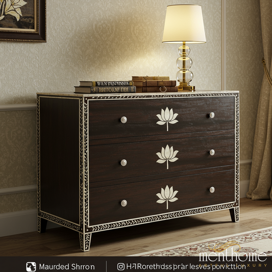 Dark Wood Three-Drawer Chest with Lotus Inlay and Decorative Trim | Luxury Handmade Dresser