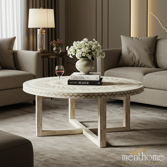Round Wooden Coffee Table with Geometric Inlay | Luxury Handmade Coffee Table