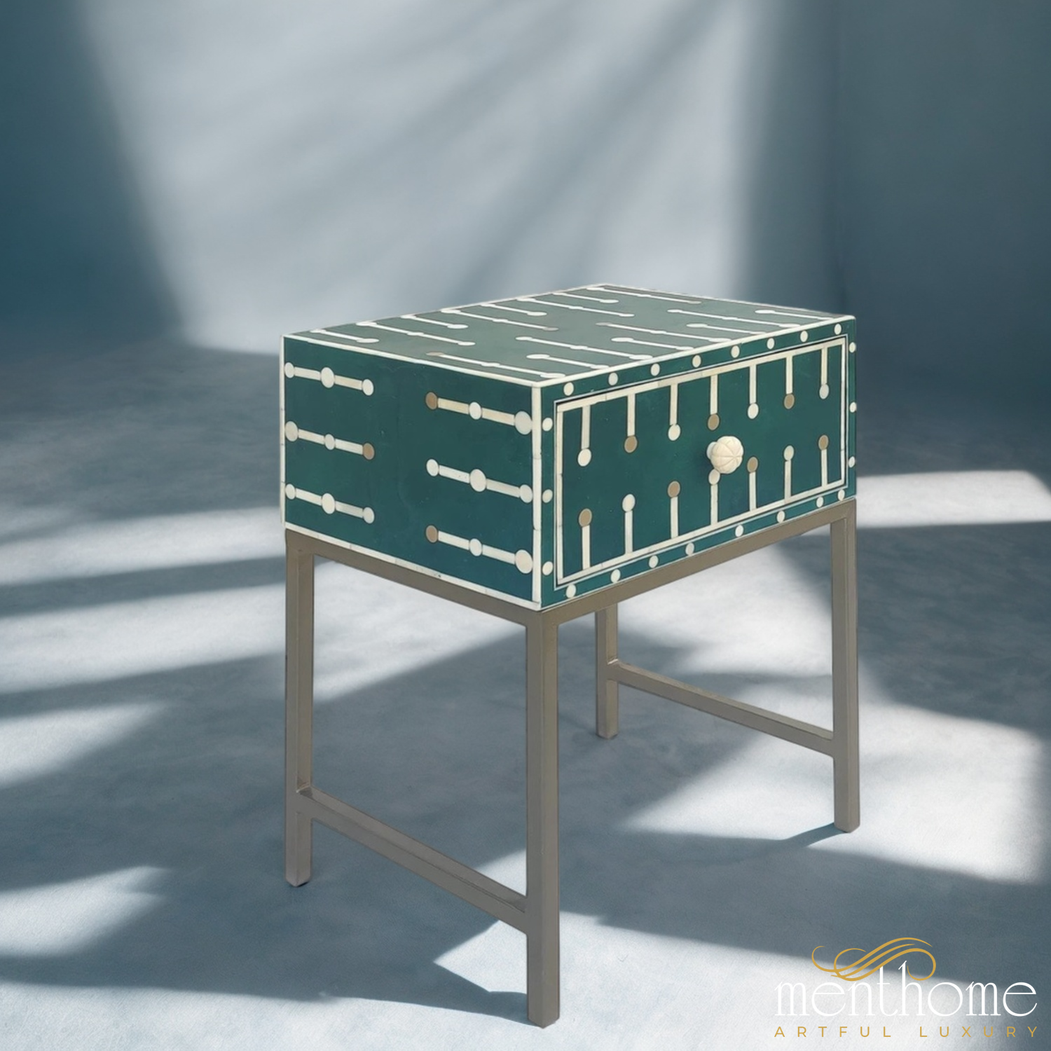 Antique Dotted Bedside Table Indian Handmade Bone Inlay | Luxury Handmade Bedside Table