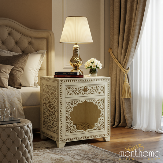 Handcrafted Intricate Bone Inlay Bedside Table | Luxury Handmade Bedside Table