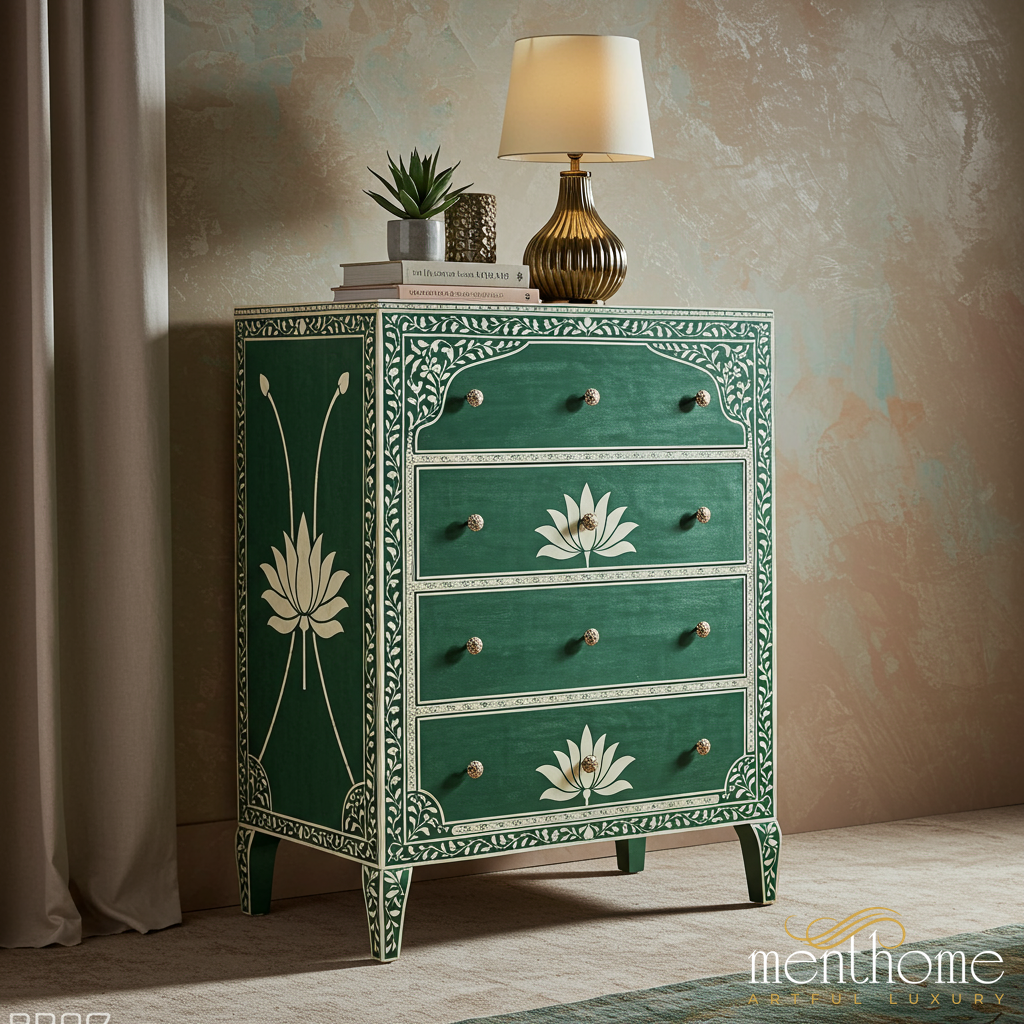 Green Floral Hand-Painted Chest of Drawers | Luxury Handmade Tallboy