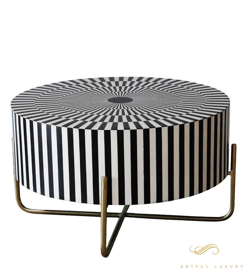 Zebra Line Bone Inlay Coffee Table In Black & White Color | Luxury Handmade Coffee Table