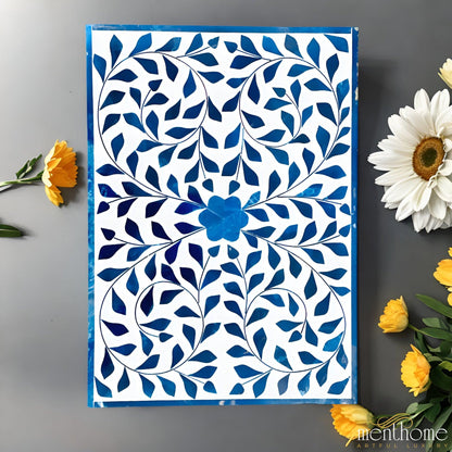 Floral Pattern 2-Drawer Resin Blue Bedside Table | Luxury Handmade Bedside Table