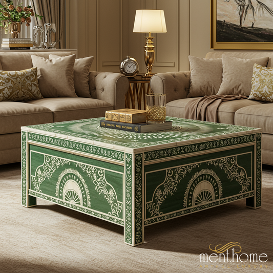 Elegant Green and White Hand-Painted Coffee Table | Luxury Handmade Coffee Table