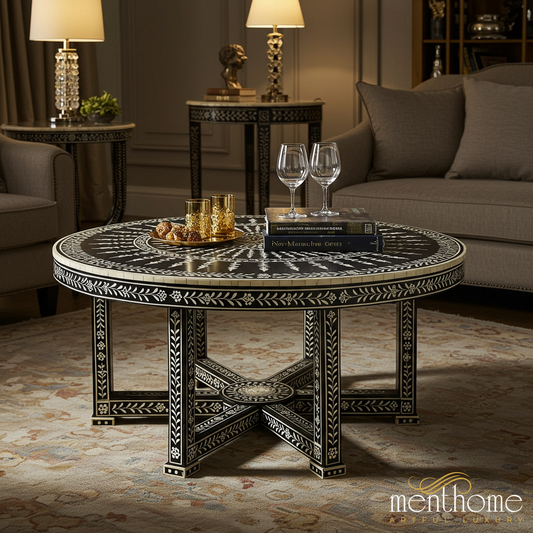 Intricately Designed Black and White Bone Inlay Coffee Table | Luxury Handmade Coffee Table