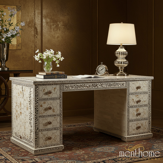 Handcrafted Hexagonal Pattern Wooden Desk with Drawers | Luxury Handmade Desk