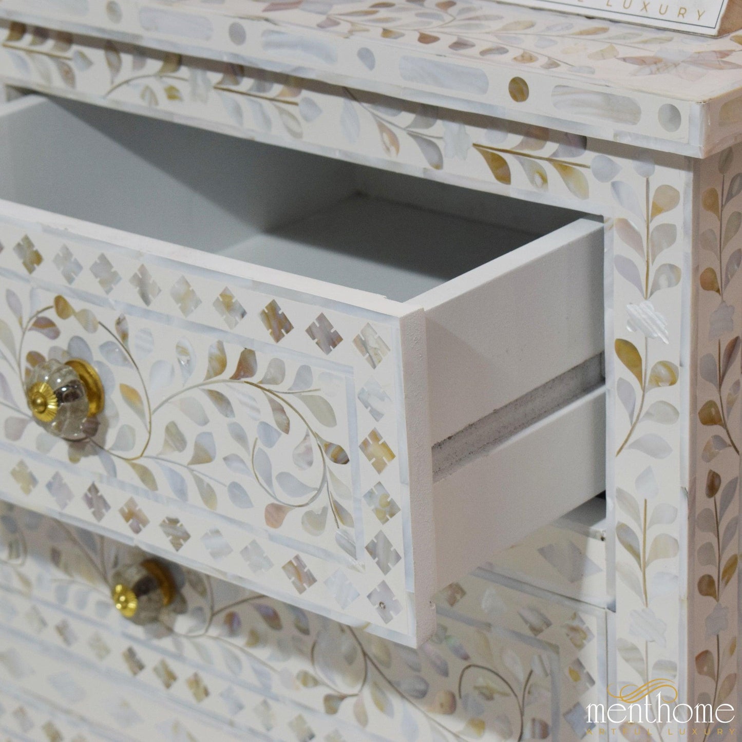 7-drawer Motehr of Pearl Floral Pattern White Dresser | Luxury Handmade Dresser