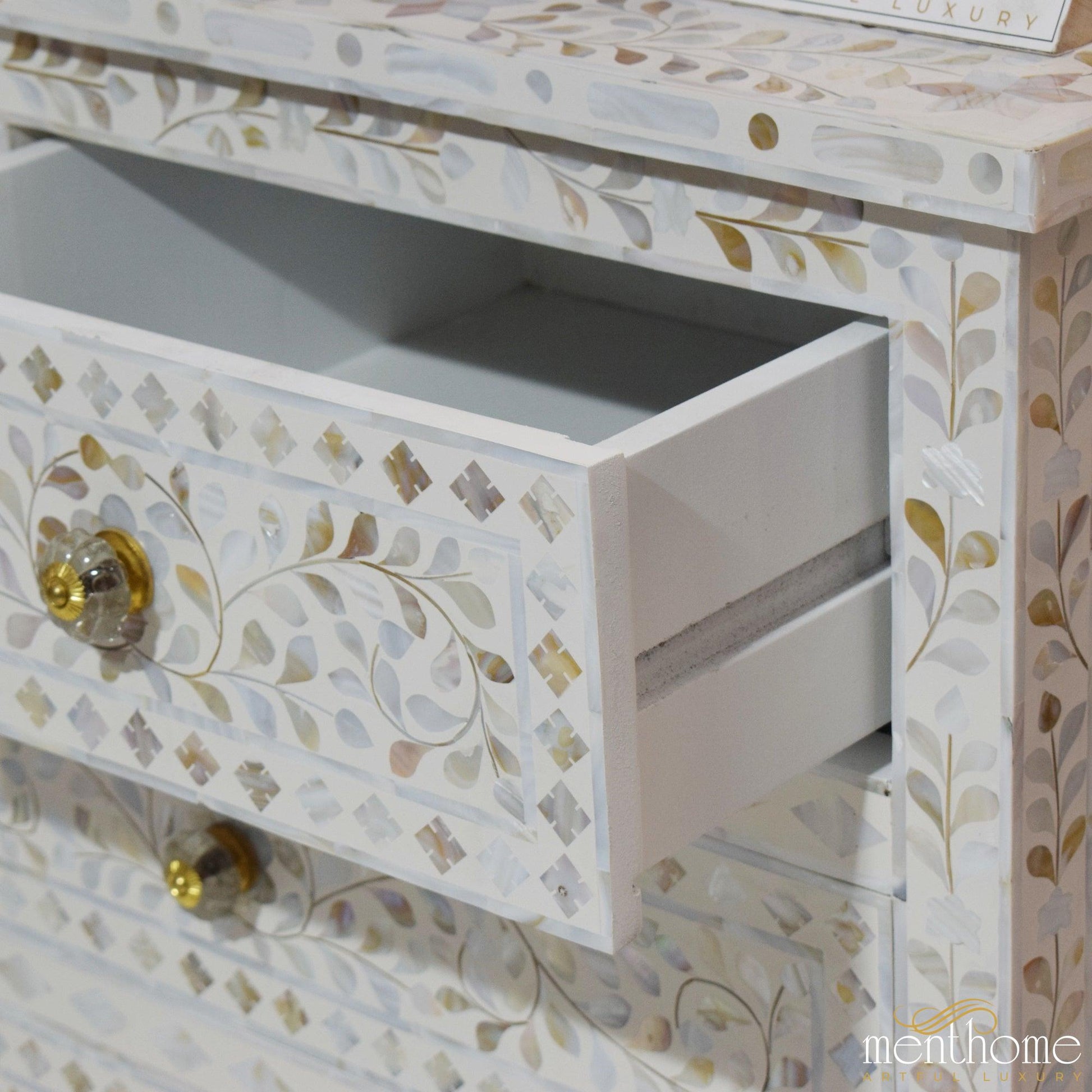 7-drawer Motehr of Pearl Floral Pattern White Dresser | Luxury Handmade Dresser