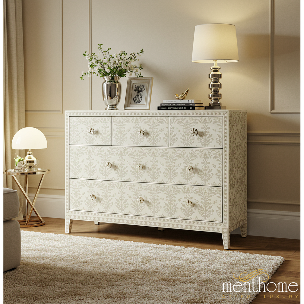 Elegant White Patterned Dresser with Brass Knobs | Luxury Handmade Dresser - M(60"Wx18"Dx30"H) / Bone-like Elegant White Patterned Dresser with Brass Knobs | Luxury Handmade Dresser - M(60"Wx18"Dx30"H) / Bone-like