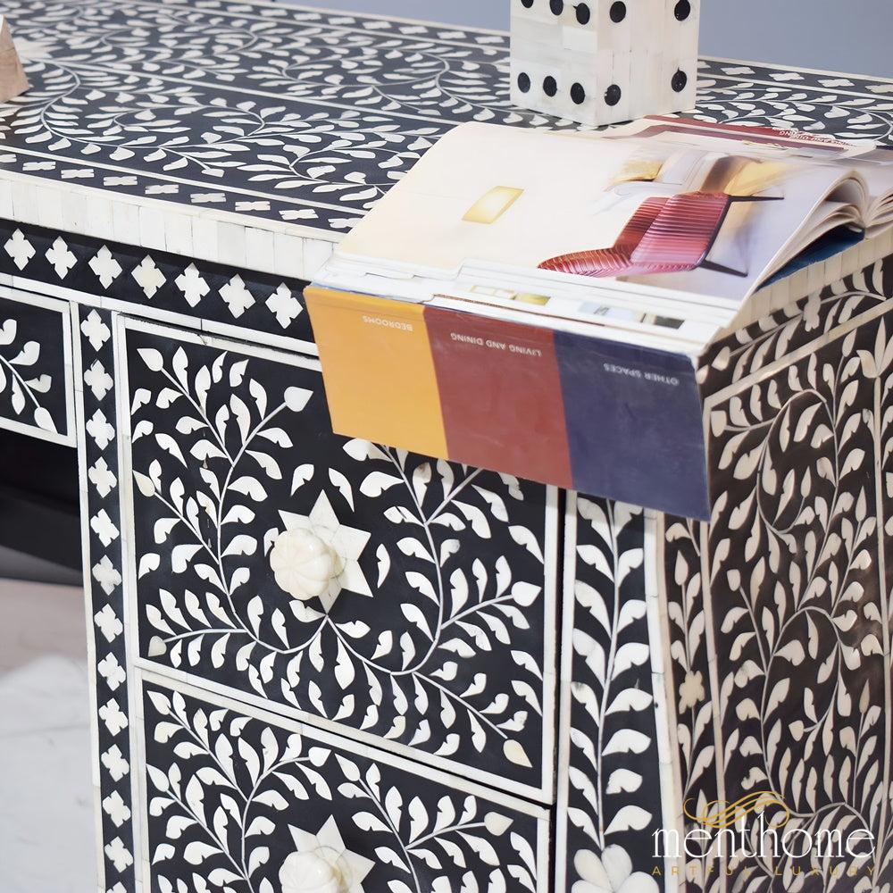 Black 5 drawers Bone Inlay Floral office desk | Luxury Handmade Desk