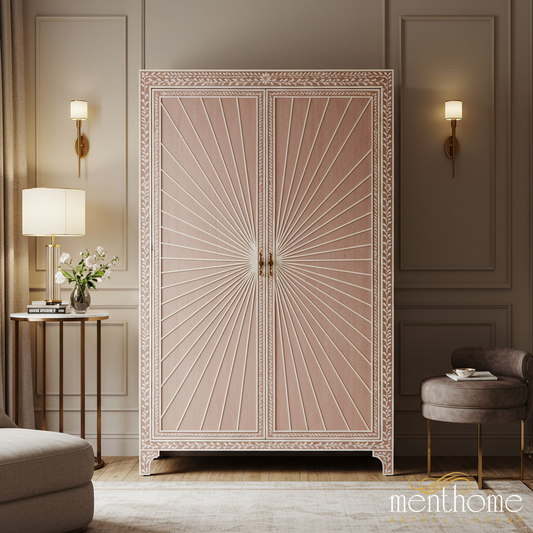 Elegant Sunburst Pattern Wooden Wardrobe | Luxury Handmade Wardrobe