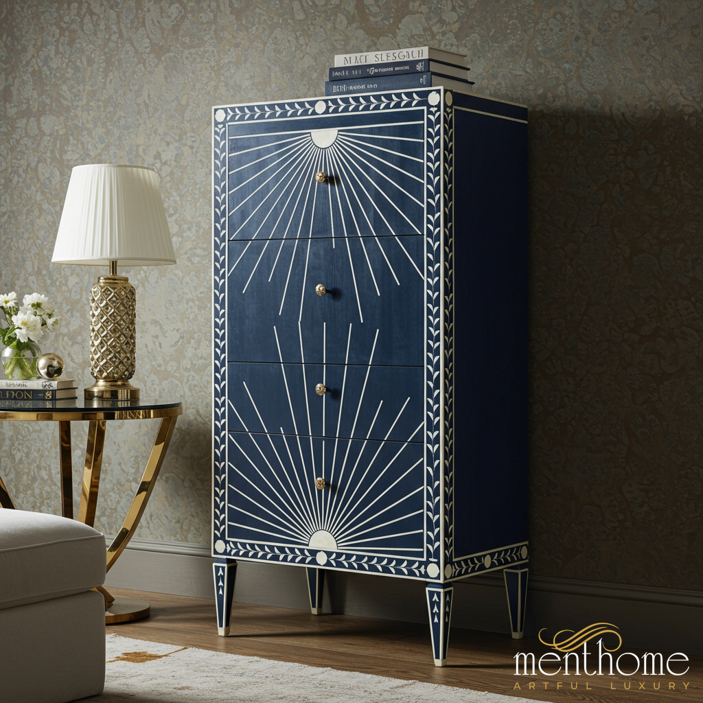 Elegant Blue and White Inlaid Wood Chest of Drawers | Luxury Handmade Tallboy