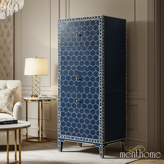 Blue Hexagon Pattern Tall Chest Cabinet | Luxury Handmade Tallboy