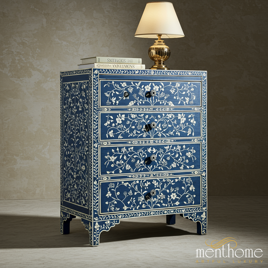 Blue Floral Hand-Painted Wooden Chest of Drawers | Luxury Handmade Chest of Drawer