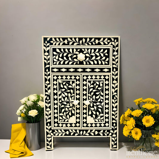 Floral Pattern Black Bedside Table - 1 Drawer and 2 Doors | Luxury Handmade Bedside Table