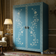 Hand-Painted Floral Blue Wood Wardrobe | Luxury Handmade Wardrobe