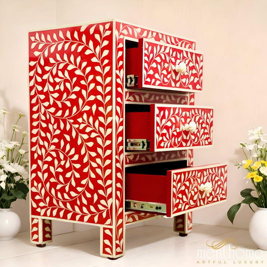 3 Drawer Resin Leaf Design Red and White Bedside Table | Luxury Handmade Bedside Table