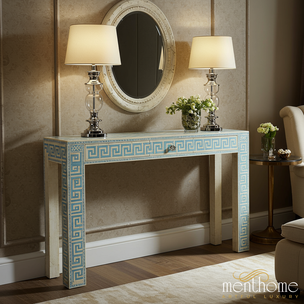 Blue Greek Key Pattern Console Table | Luxury Handmade Console