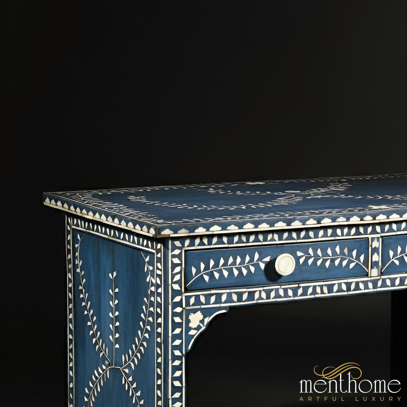 Perfect Blend of Style and Function Bone Inlay Navy Blue Desk | Bone Inlay Writing Desk | Timeless Craftsmanship | Luxury Handmade Desk