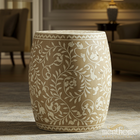 Decorative Wooden Garden Stool with Floral Inlay | Luxury Handmade Stool