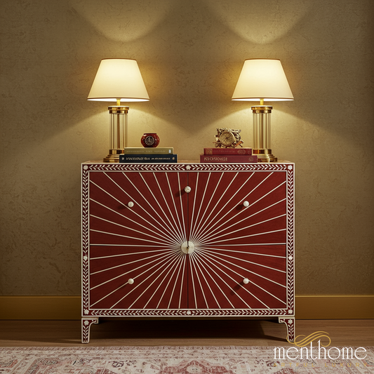 Decorative Inlaid Wooden Cabinet with Lamps | Luxury Handmade Dresser
