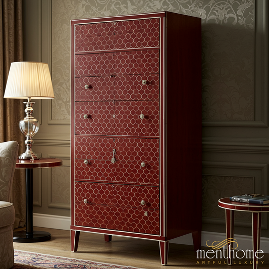 Elegant Red Geometric Patterned Wooden Chest of Drawers | Luxury Handmade Tallboy