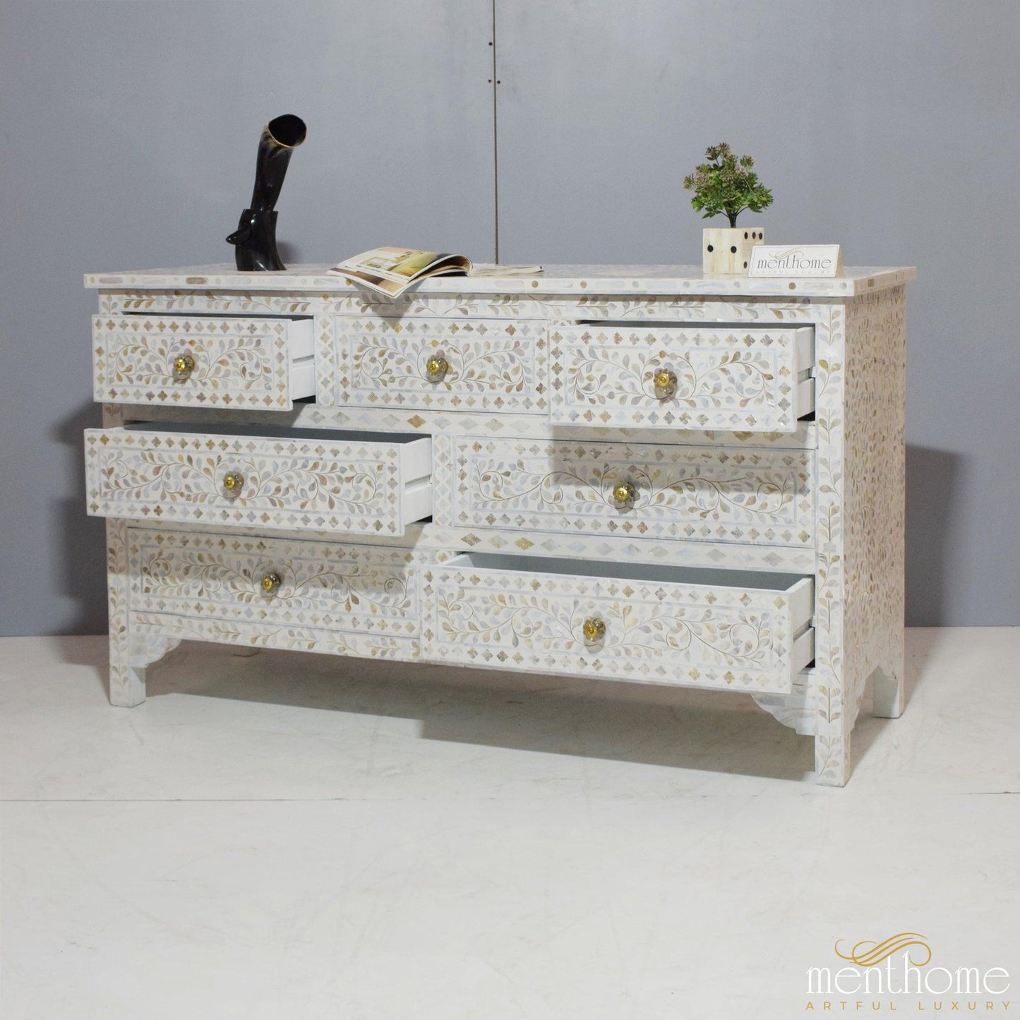 7-drawer Motehr of Pearl Floral Pattern White Dresser | Luxury Handmade Dresser