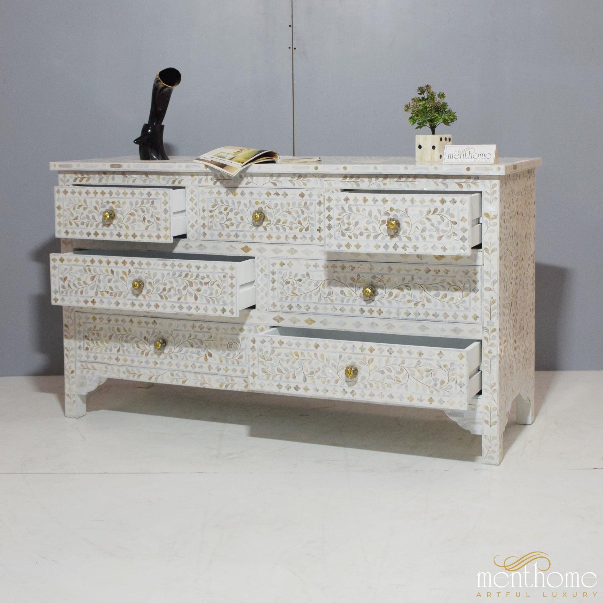 7-drawer Motehr of Pearl Floral Pattern White Dresser | Luxury Handmade Dresser