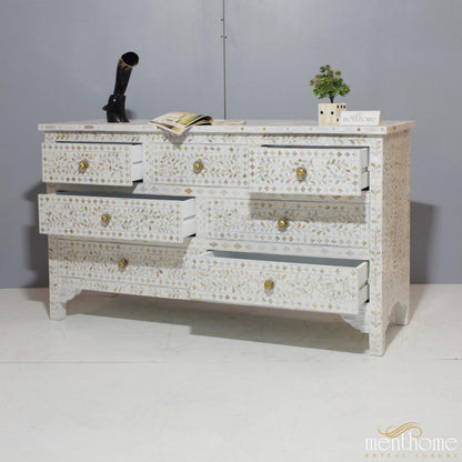 7-drawer Motehr of Pearl Floral Pattern White Dresser | Luxury Handmade Dresser