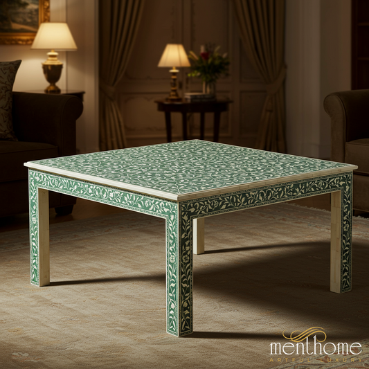 Handcrafted Green and White Inlay Coffee Table | Luxury Handmade Coffee Table