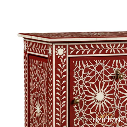 Handmade Bone Inlay Red Bedside Table In Geometric Pattern | Luxury Handmade Bedside Table