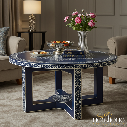 Elegant Blue Inlay Round Coffee Table | Luxury Handmade Coffee Table