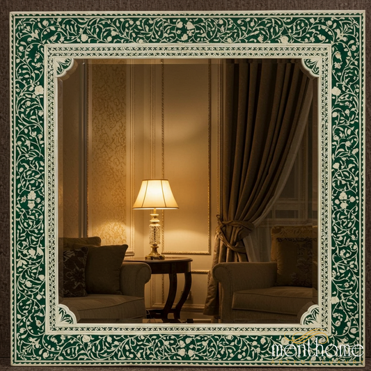 Elegant Green and White Floral Decorative Wall Mirror | Luxury Handmade Mirror