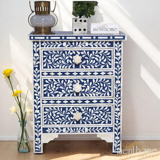 Floral Pattern Bedside Table Three-Drawer Bone Inlay (Copy) | Luxury Handmade Bedside Table