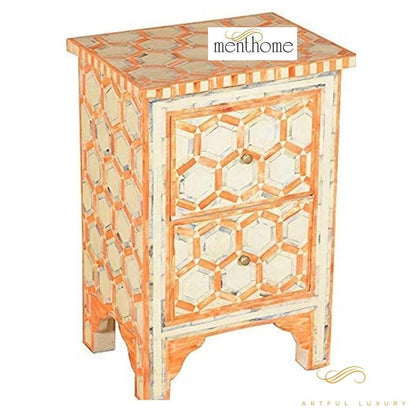 Bone inlay handmade orange bedside table, Bone inlay orange night stand, Bone inlay side table, Bone inlay furniture, Bone inlay lamp stand | Luxury Handmade Bedside Table