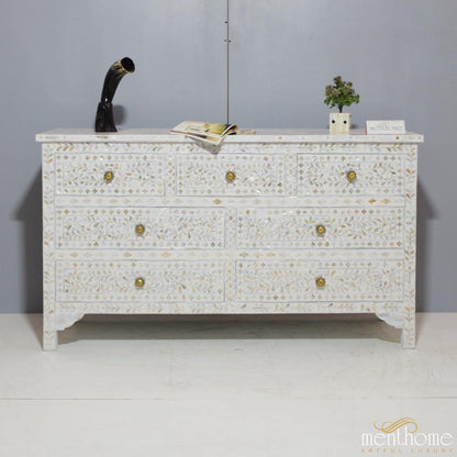 7-drawer Motehr of Pearl Floral Pattern White Dresser | Luxury Handmade Dresser