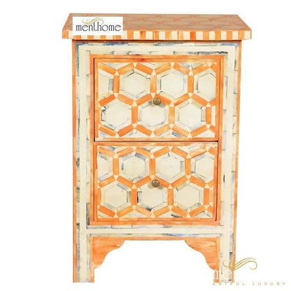 Bone inlay handmade orange bedside table, Bone inlay orange night stand, Bone inlay side table, Bone inlay furniture, Bone inlay lamp stand | Luxury Handmade Bedside Table