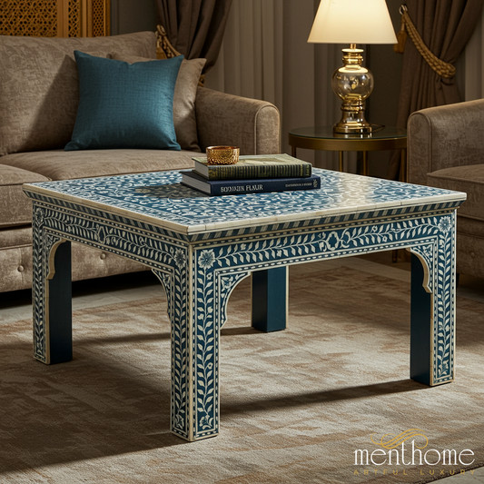 Handcrafted Blue and White Floral Inlay Coffee Table | Luxury Handmade Coffee Table