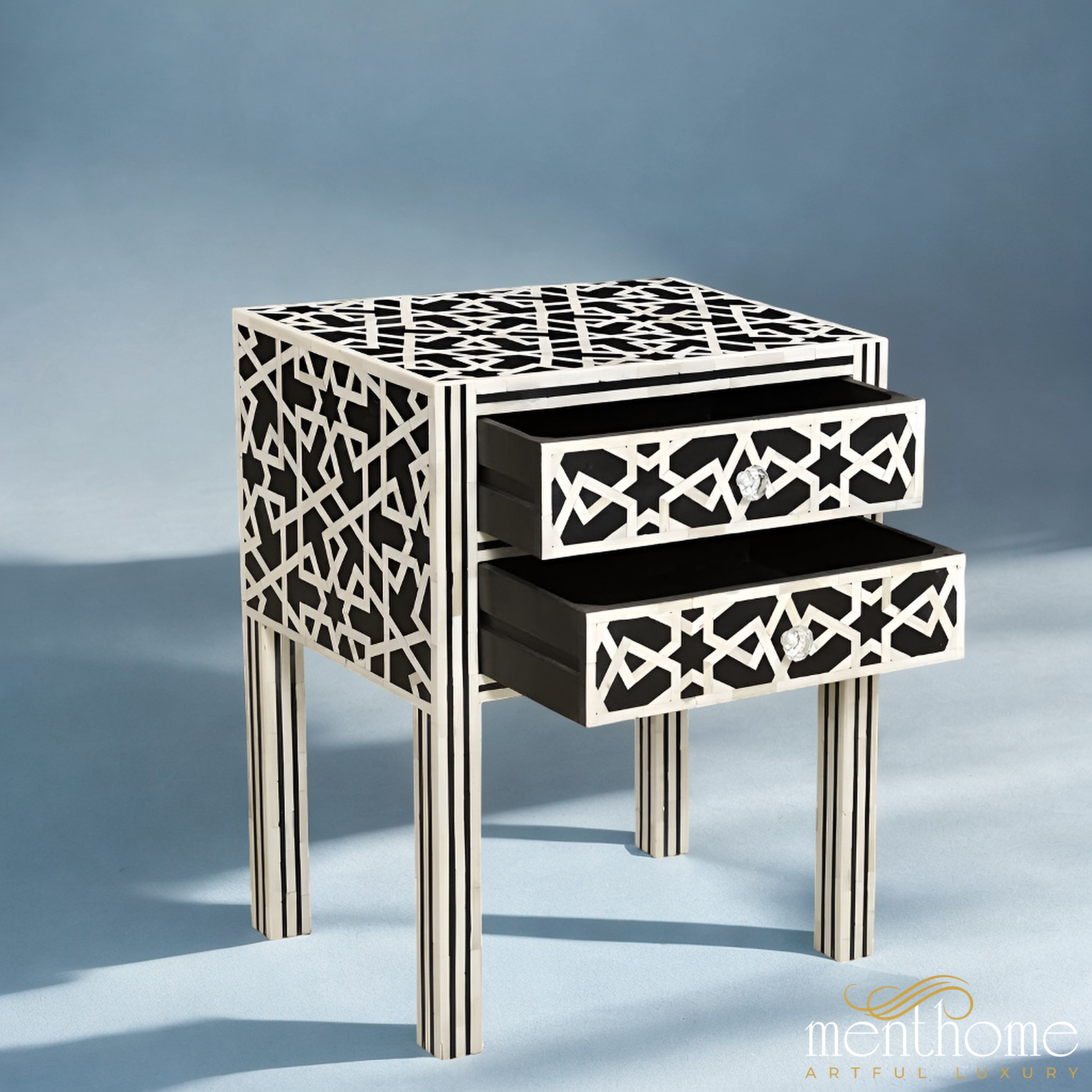 Black Spider Bedside Table Bone Inlay Handmade | Luxury Handmade Bedside Table