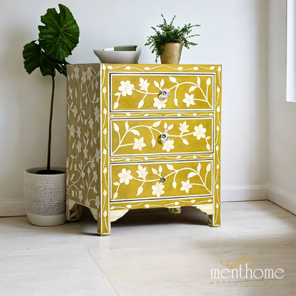 Floral Design Bone Inlay Bedside Table | Luxury Handmade Bedside Table